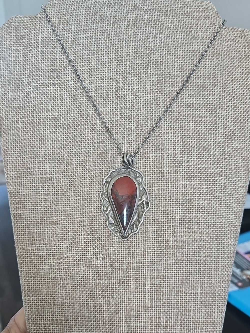 Sterling Silver Teardrop Red Jasper Pendant Necklace, Artisan Made